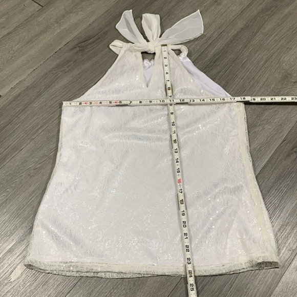 Tahari Black Lace Sparkle Tie White Bow Halter Style Evening Cocktail Blouse - Picture 10 of 10